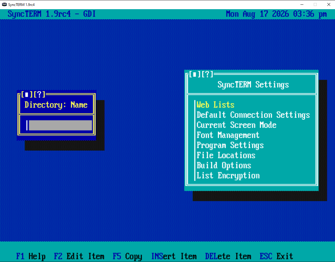 SyncTERM directory screen on first launch