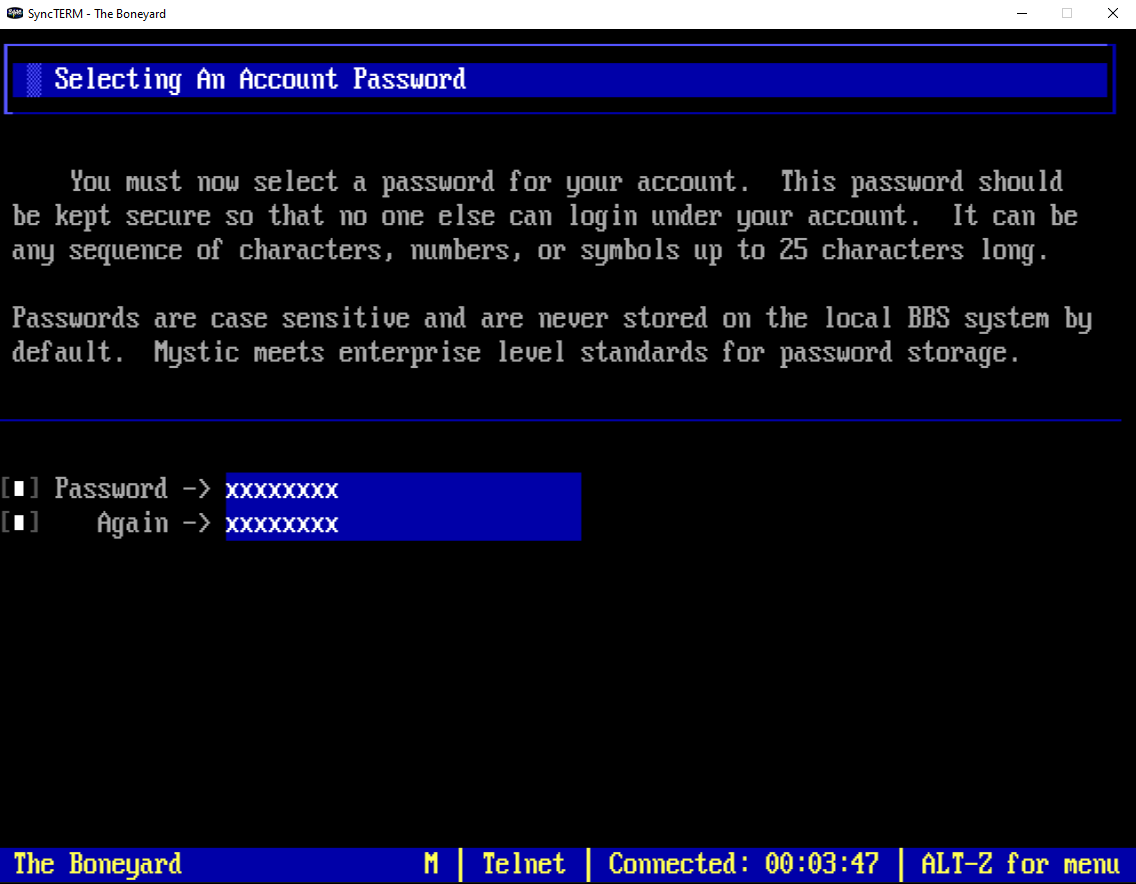 Selecting an account password screen