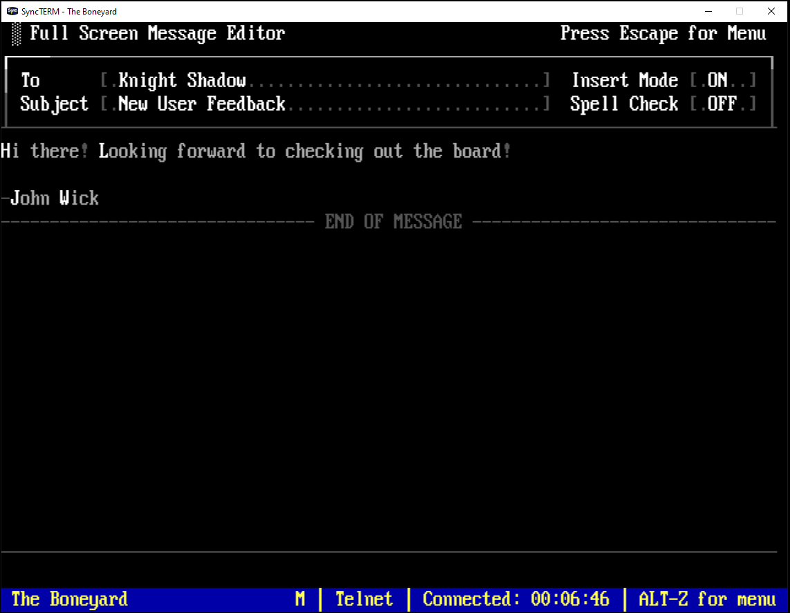 Full-screen message editor addressed to Knight Shadow