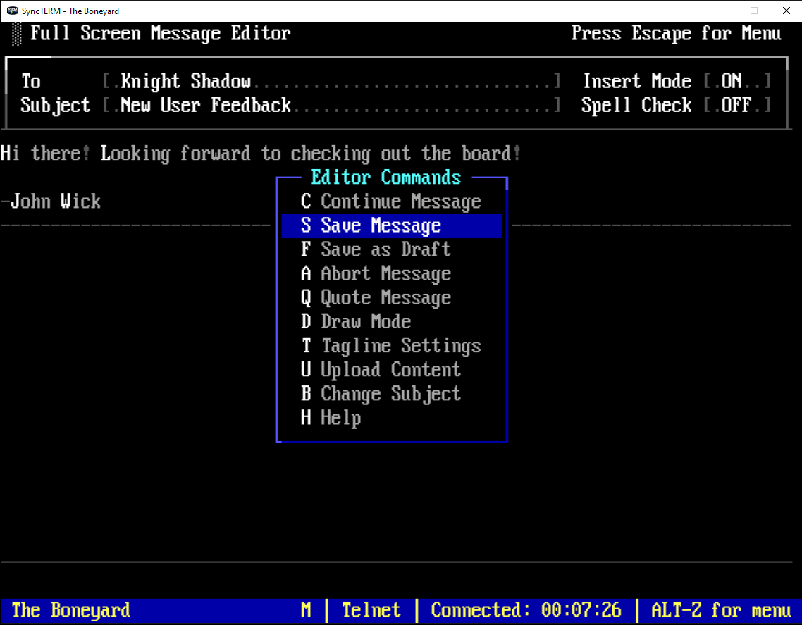 Editor commands menu with Save Message highlighted