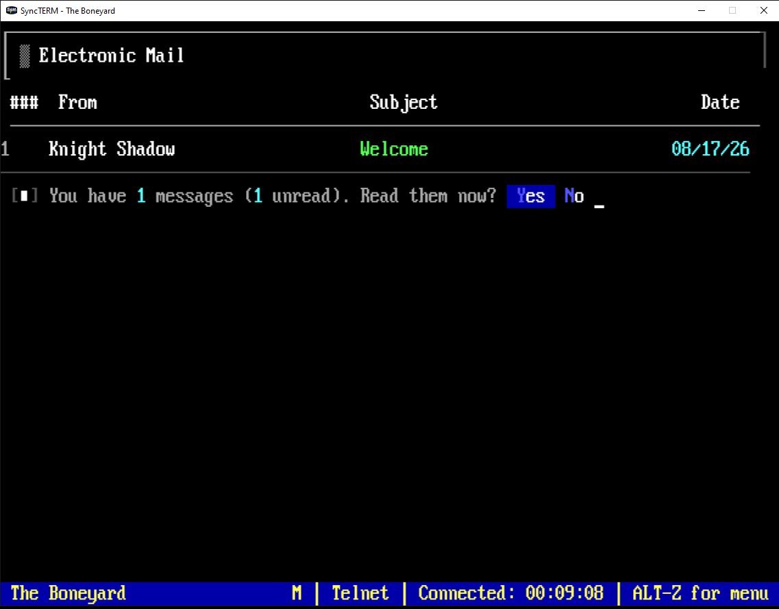 Electronic mail prompt showing a Welcome message from Knight Shadow