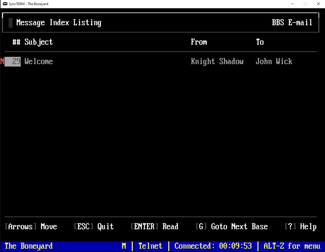 BBS email index listing a Welcome message from Knight Shadow