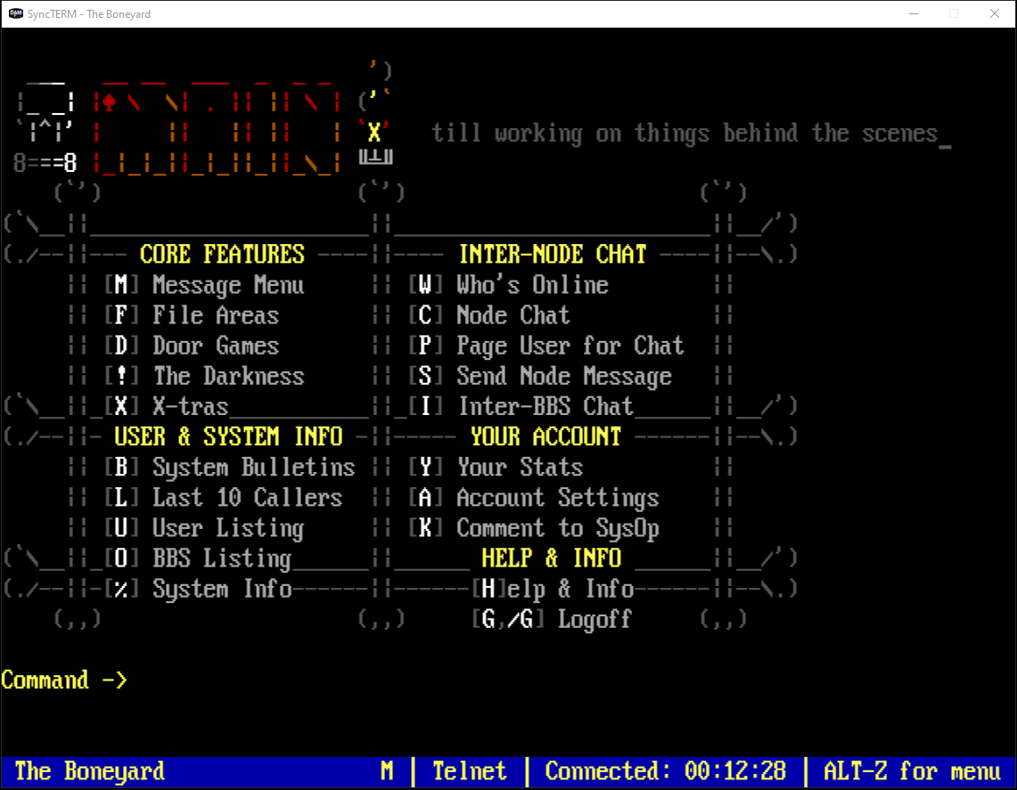 The Boneyard BBS main menu with message file and door options