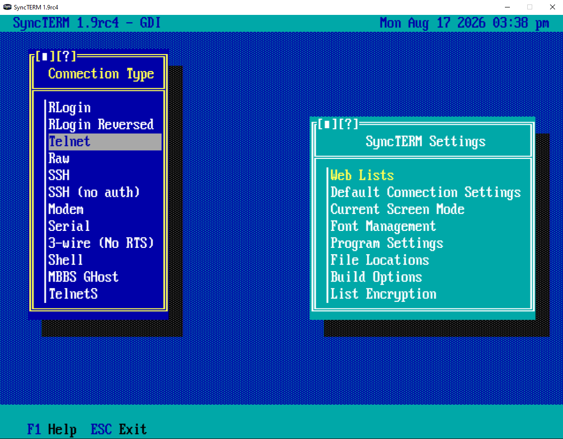 SyncTERM connection type menu with Telnet selected