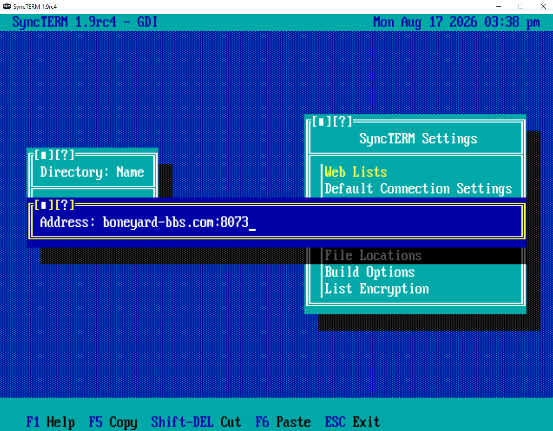 SyncTERM address field showing boneyard-bbs.com:8073