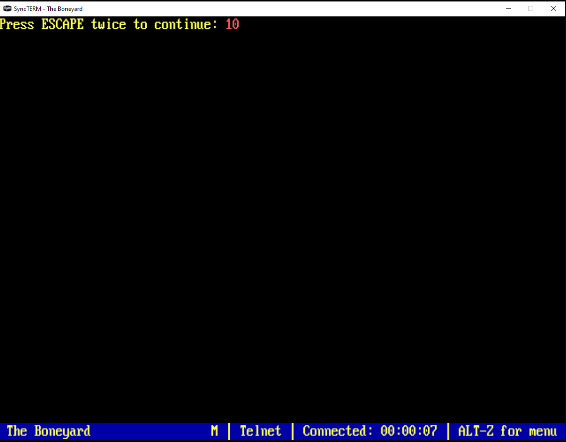 BBS splash screen prompting Press ESCAPE twice to continue