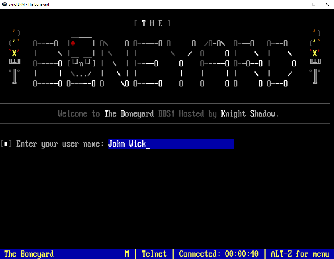 The Boneyard BBS login screen prompting for username