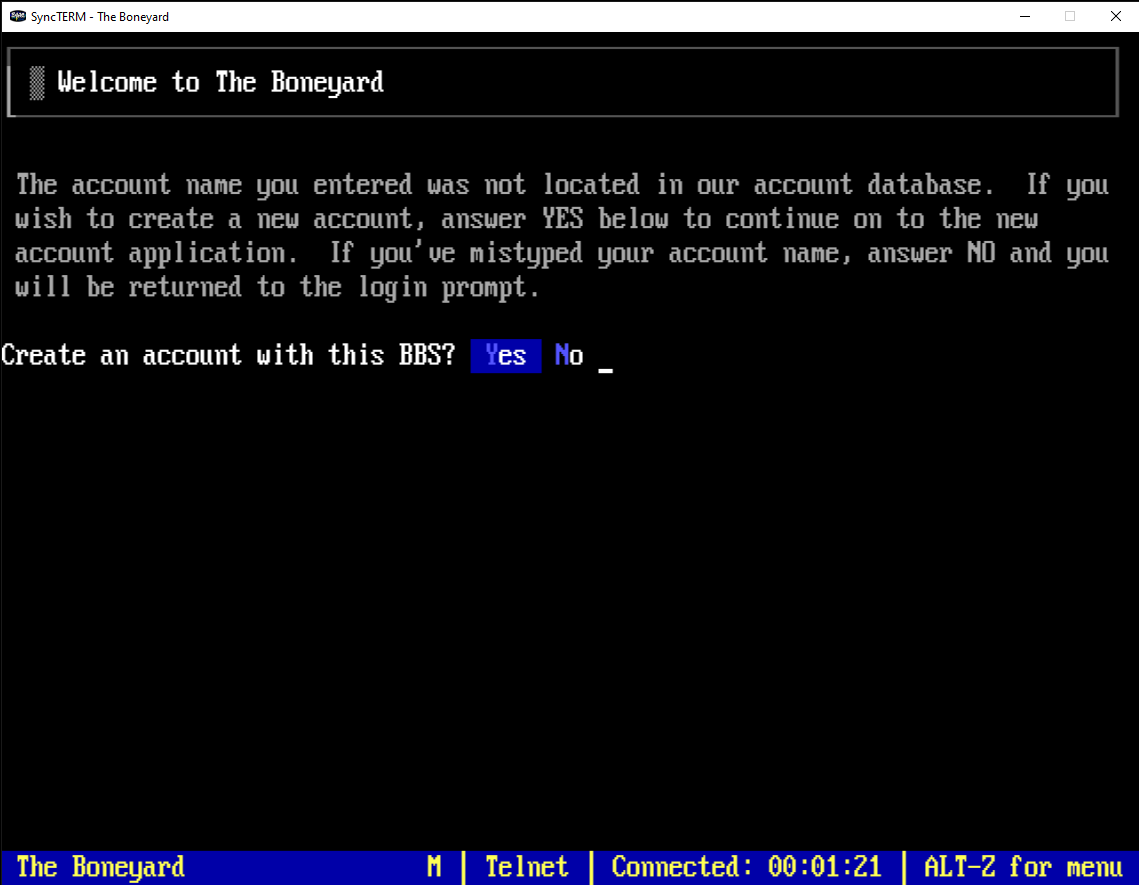 Prompt asking Create an account with this BBS with Yes selected