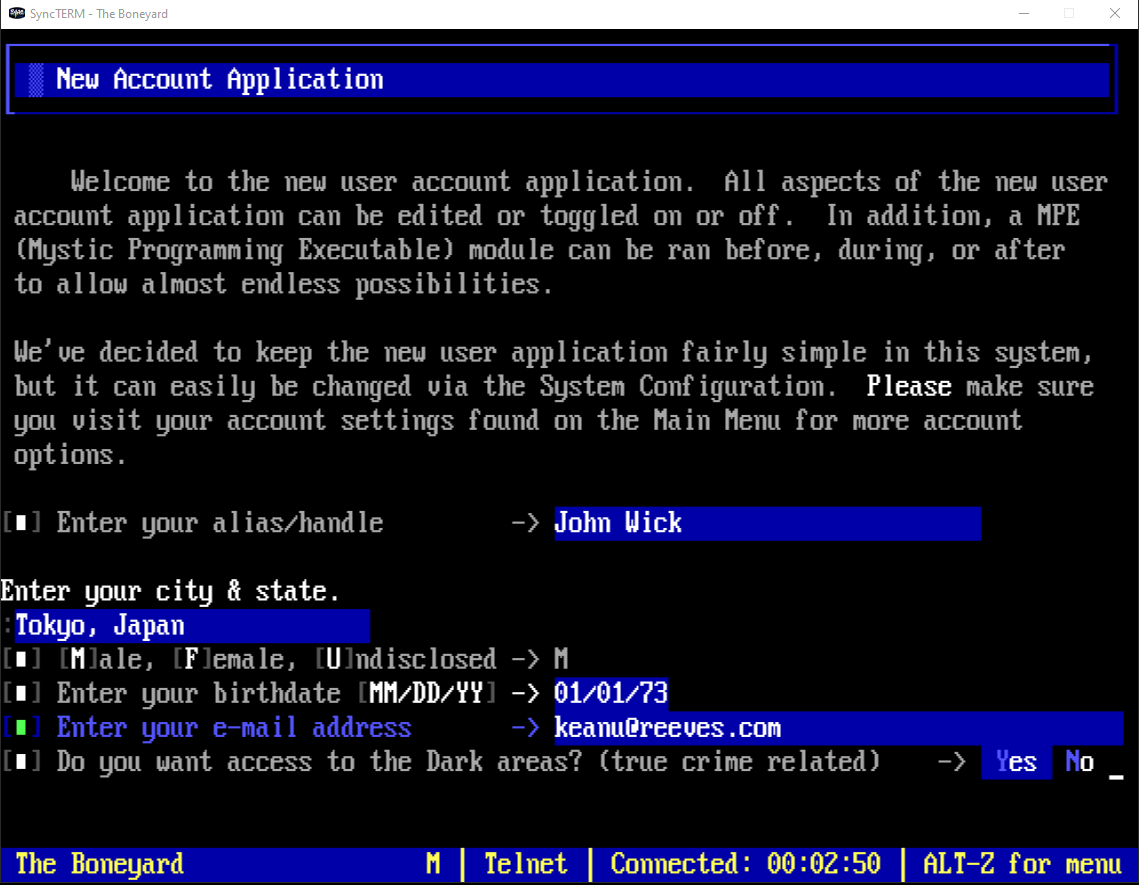 Mystic new user account application form